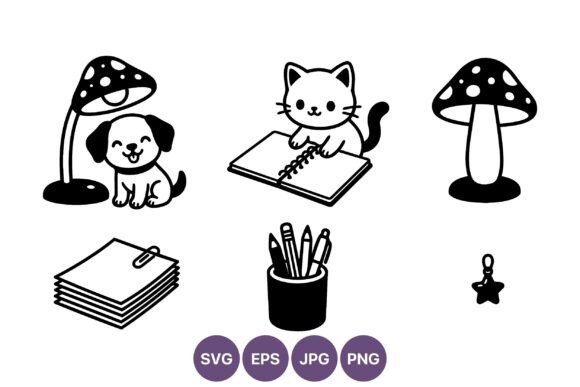 Cat with Notebook and Happy Dog Near