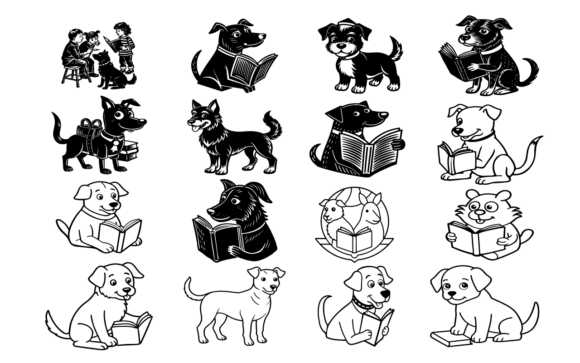 Cute Cartoon Dog Reading Book Vector Review