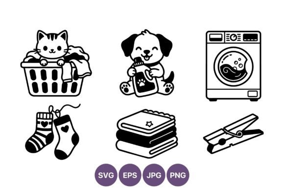 Cute Cat and Dog Laundry Line Art