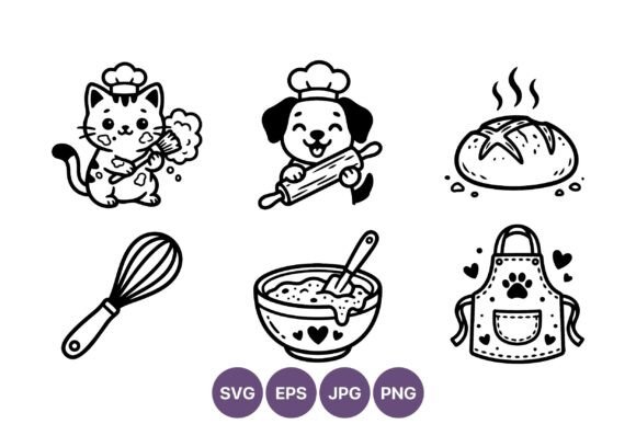 Cute Cat Dog Baking Line Art Vector