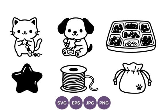 Cute Cat Dog Beads Line Art