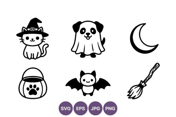 Cute Halloween Cat Witch Dog Ghost Bat