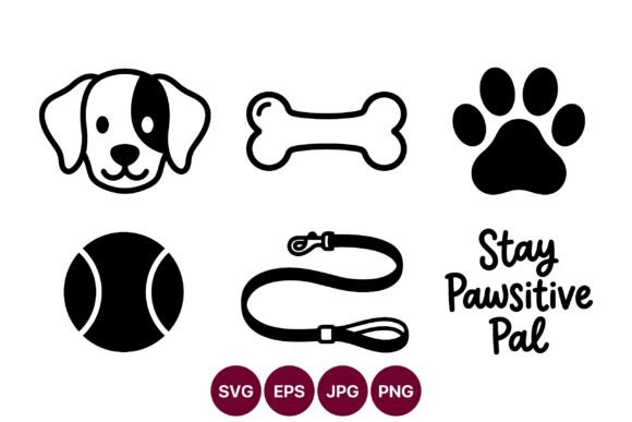 Dog Head Vector Line Art Set with Paw