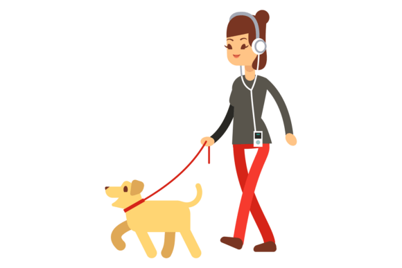 Dog Walking with Pet Owner Cartoon Female