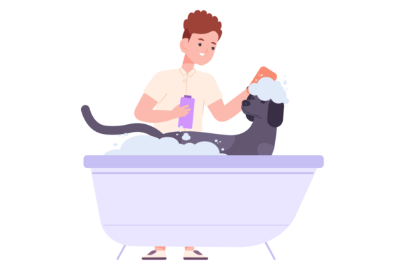 Kid Washing Dog in Bath Embroidery Design